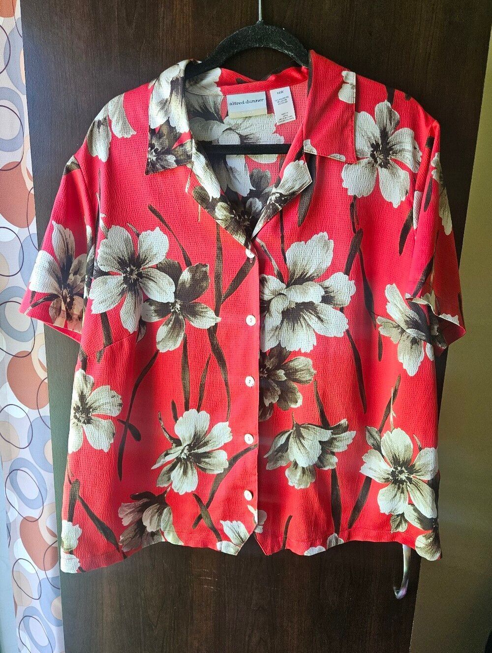 Alfred Dunner Red Floral Button-Front Short Sleeve Shirt Size 16W
